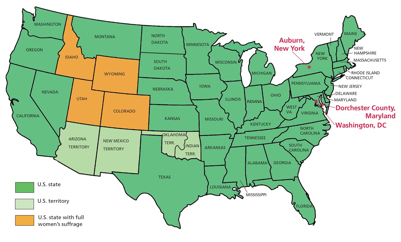The United States in 1896 map of the United States showing states, territories, and women's suffrage