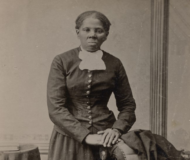 Harriet Tubman, 1870s African American women posing in a black and white photograph