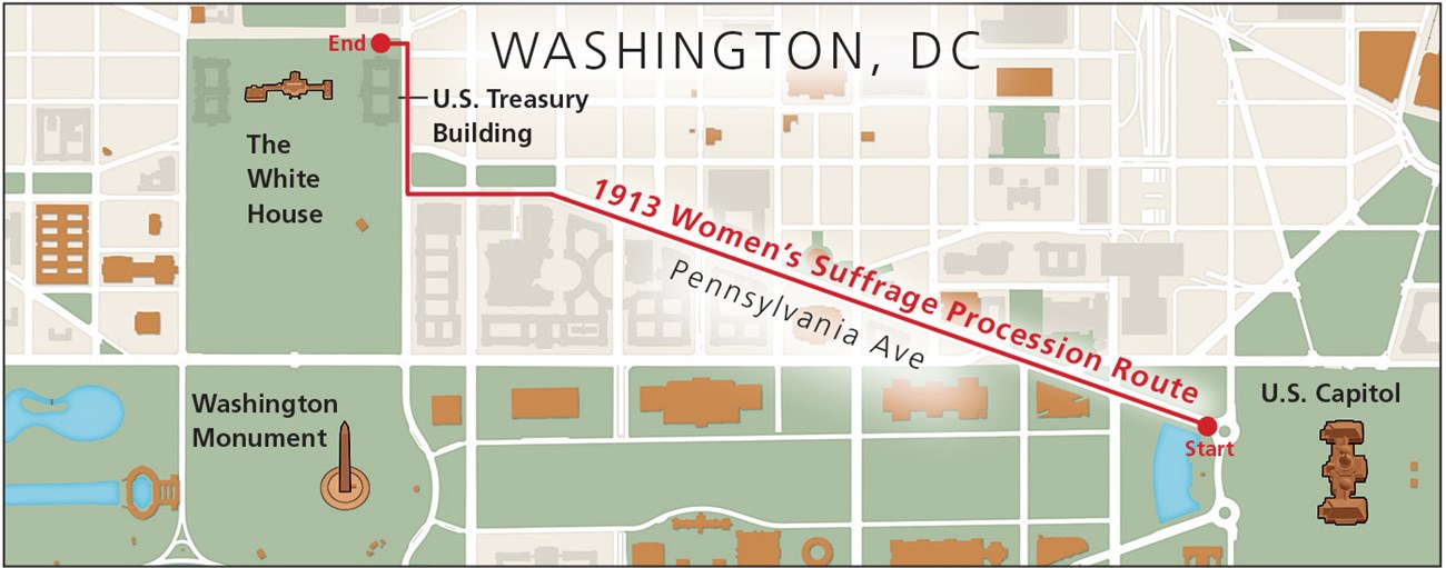 route of the 1913 Women's Suffrage Procession Route in Washington DC Map showing the route of the 1913 Women's Suffrage Procession Route in Washington DC