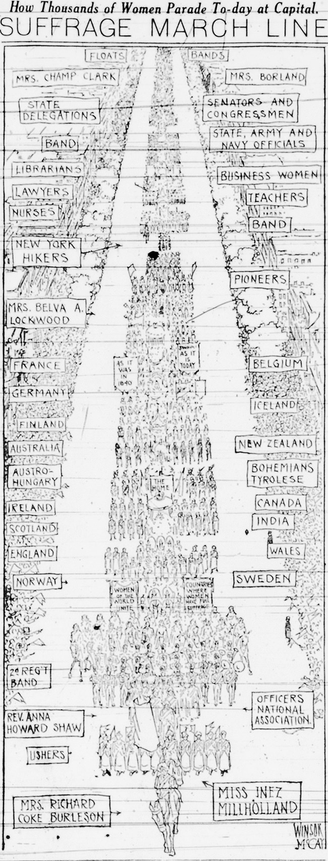Plan for March 3, 1913 Woman’s Procession. Layout of how the 1913 Woman’s Procession was organized