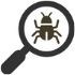 Icon illustration of magnifying glass examining bug.