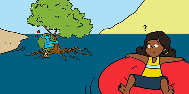 A cartoon of someone floating near mangroves.