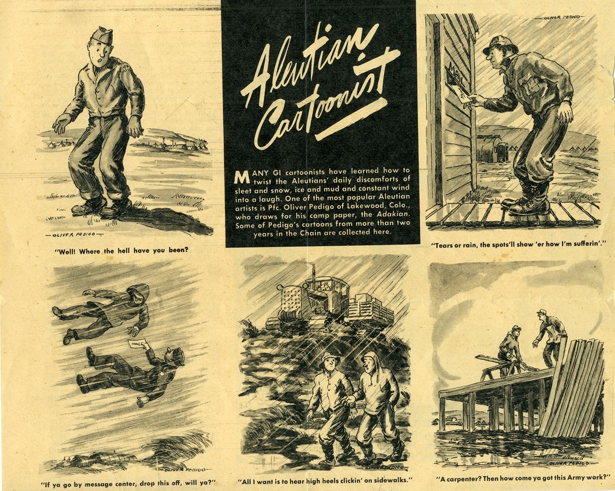 Five black and white cartoons of servicemen facing extreme weather conditions.