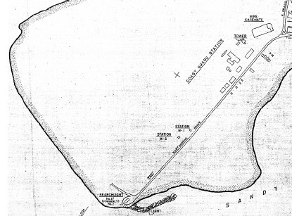 a black and white map of the tip of Sandy Hook with key structures labeled