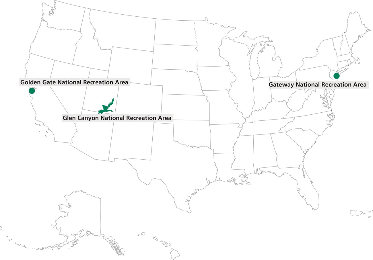GATE GLCA GOGA MAP line drawing map of United States. Golden Gate identified far left with a green dot in California. Glen Canyon identified middle left side of the map in Arizona and Utah. Gateway identified far right with green dot in New York and New Jersey.
