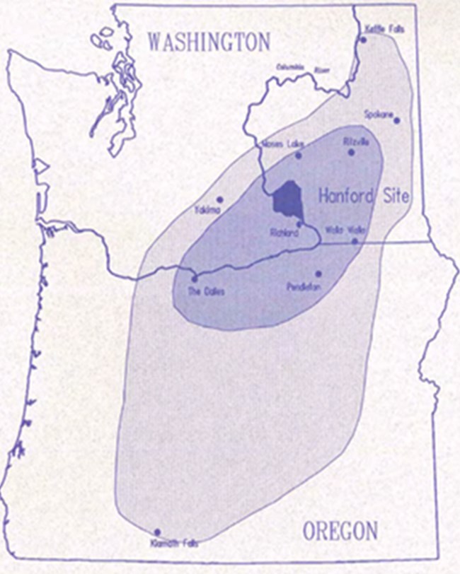 A map of Washington and Oregon showing radioactive iodine-131.