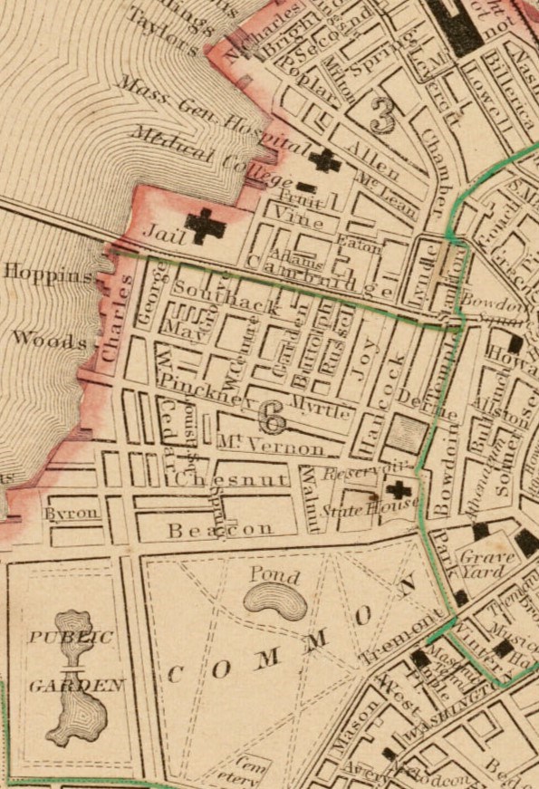 close up of a map on Beacon Hill and Boston Common, with some color indicating ward.