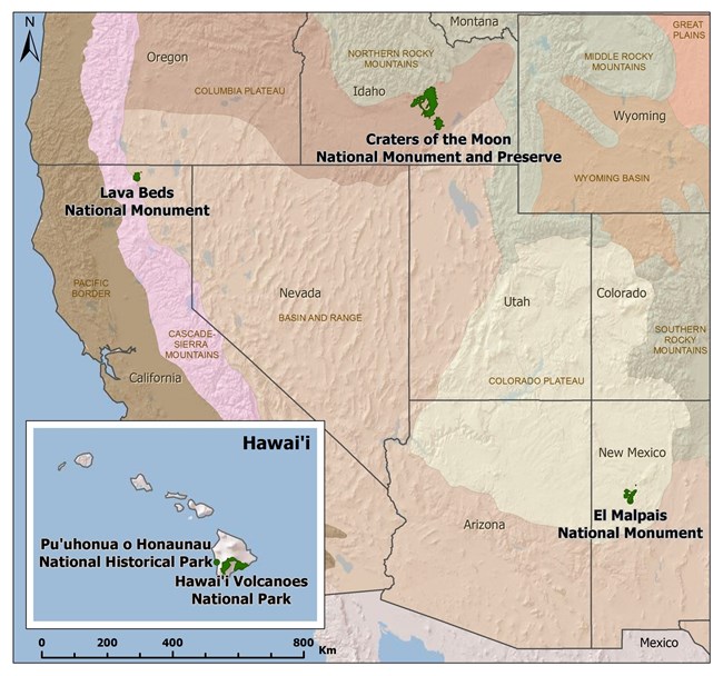 map of western states and hawaii with the 5 park locations labeled
