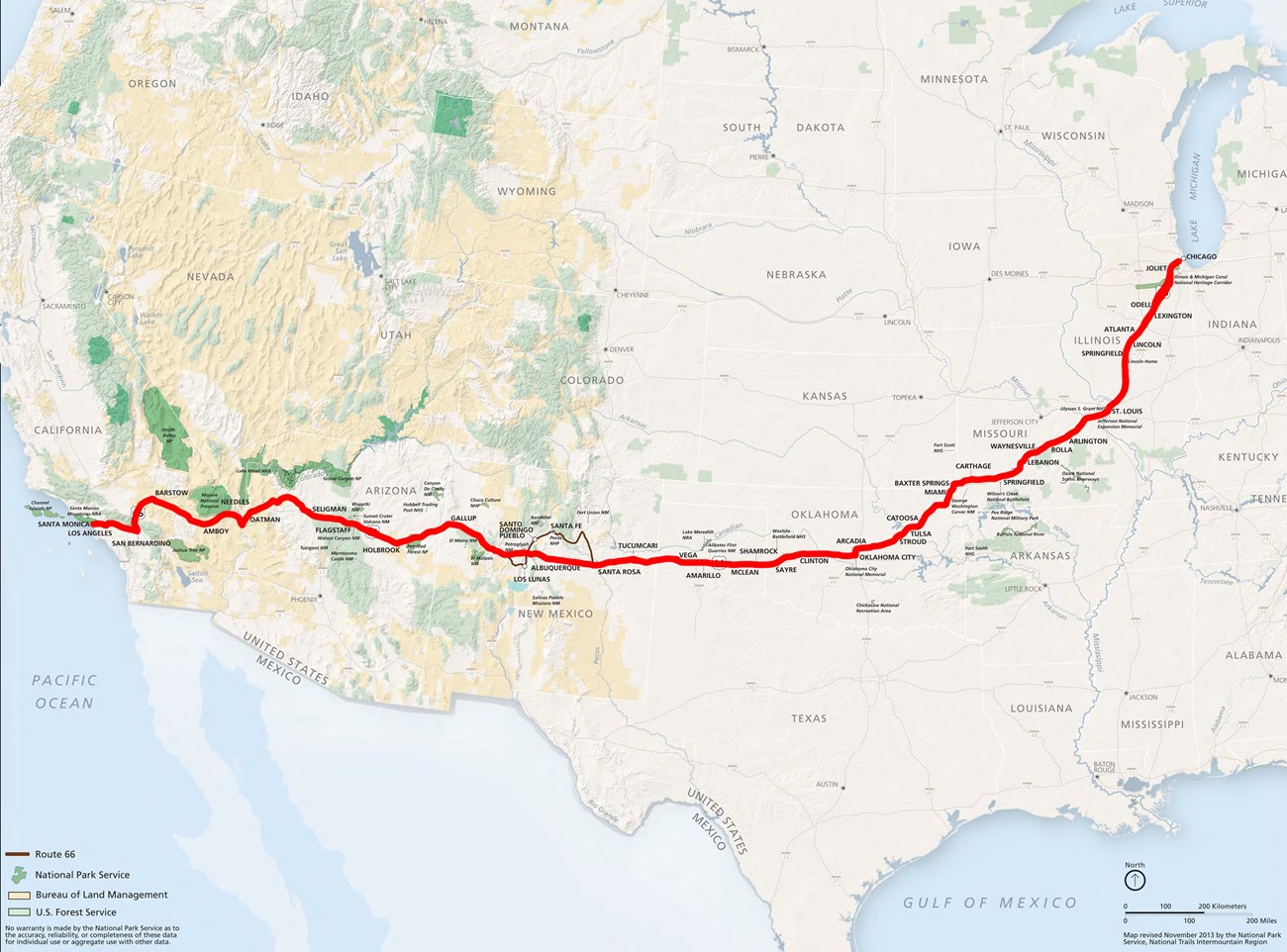 map route 66 A map of the U.S. with route 66 highlighted in red.