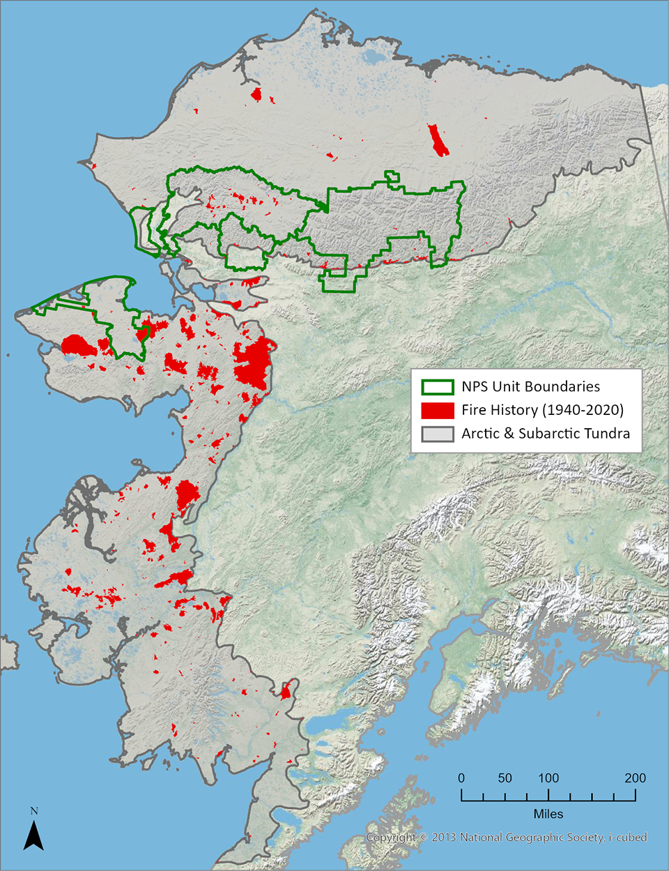 Tundra fire history map Map showing fire perimeters in juxtaposition with NPS boundaries and extent of tundra.