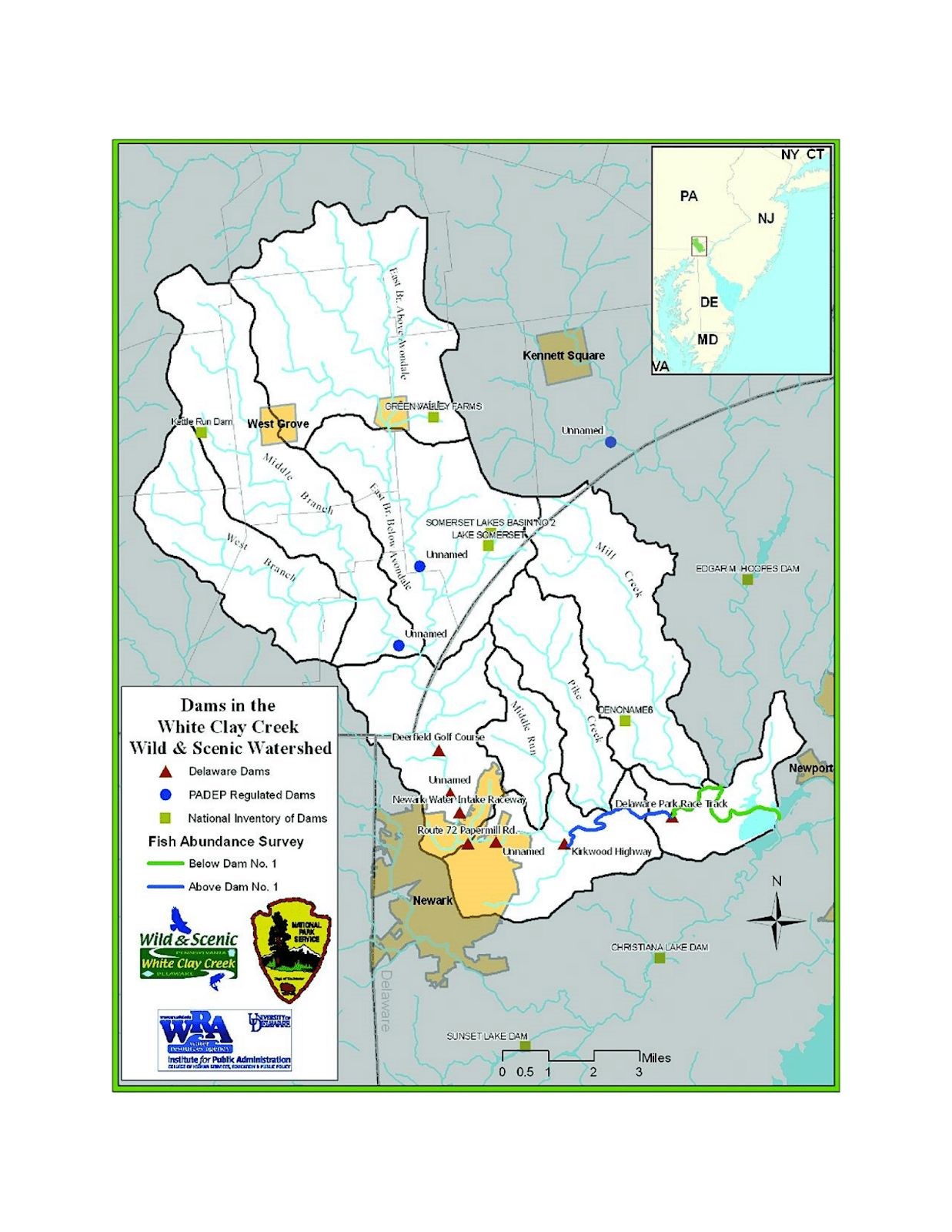 University of Delaware’s map of dams in the White Clay Creek Watershed provided by Shane Morgan.2 University of Delaware’s map of dams in the White Clay Creek Watershed provided by Shane Morgan.