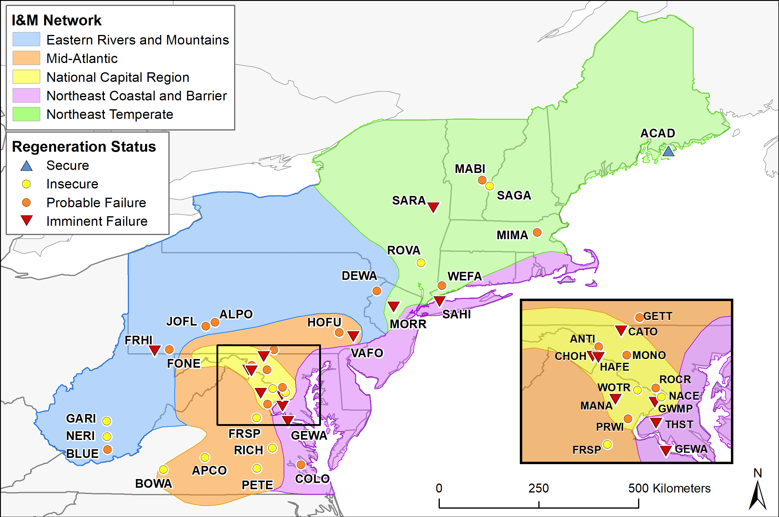 a map of Northeastern park units and their corresponding Inventory & Monitoring Network with symbol that shows regeneration status