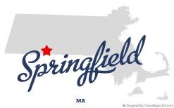"Springfield, MA." TownMapsUSA Gray outline of Massachusetts with a red star at bottom, slightly left of center. Large cursive Springfield superimposed.