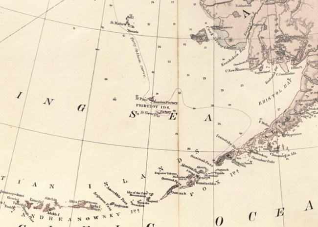 An old map of the Bering Sea and islands.