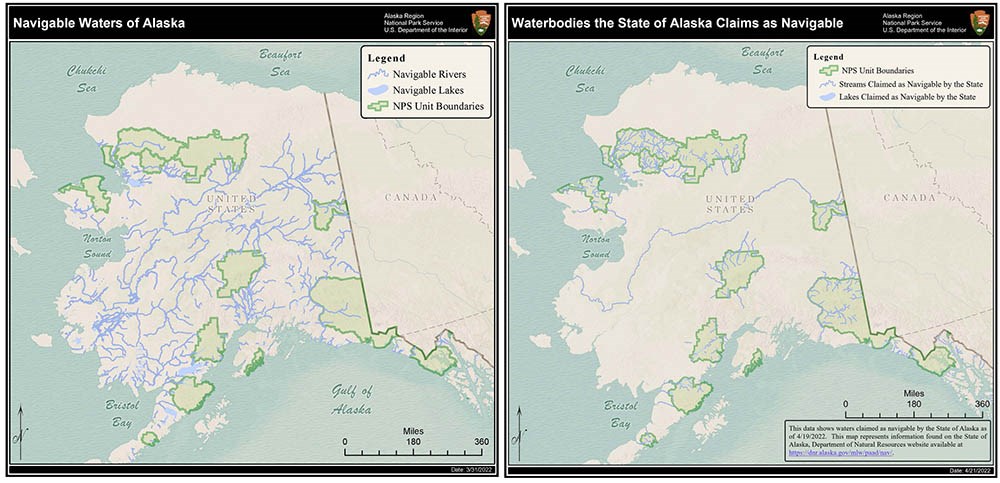 Two maps that show navigable waters disputed in parks.