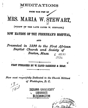 maria stewart front page of 1879 meditations library of congress Title Page from Maria Stewart's book, Meditations. Courtesy LIbrary of Congress