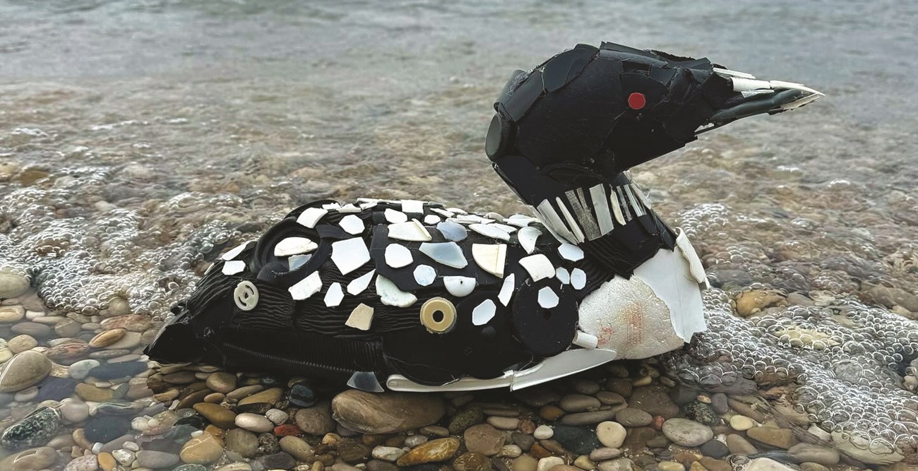 Loon Marine Debris Sculpture a loon sculpture made out of marine debris materials sits in shallow water