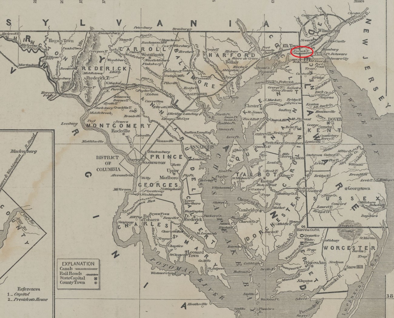Map of Maryland and Delaware, with rivers, bays, and waterways identified alongside towns. There is a close up map of Washington DC in the bottom left corner. Frenchtown is circled in red.