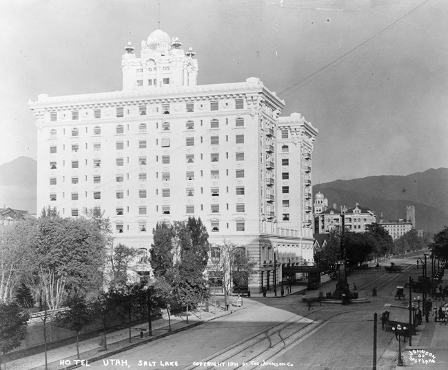 Large stone hotel.