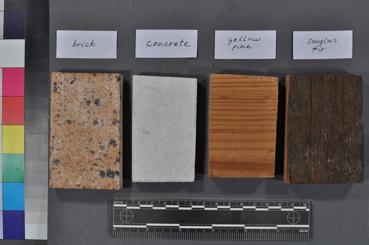 Materials considered representative of the nation’s built heritage, including (left to right) brick, concrete, southern yellow pine, and Douglas fir were selected for this experiment.