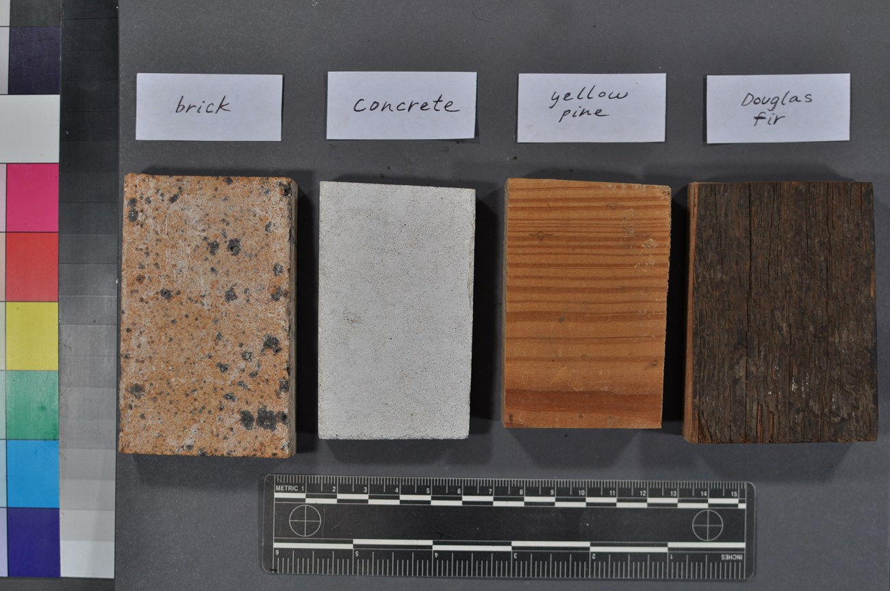Materials considered representative of the nation’s built heritage, including (left to right) brick, concrete, southern yellow pine, and Douglas fir were selected for this experiment.
