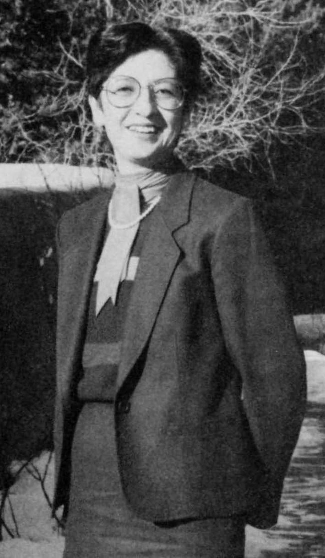 Cecilia Matic, 1987 Cecilia Matic posing outdoors in a skirt with matching blazer and a sweater, with her hands behind her back.