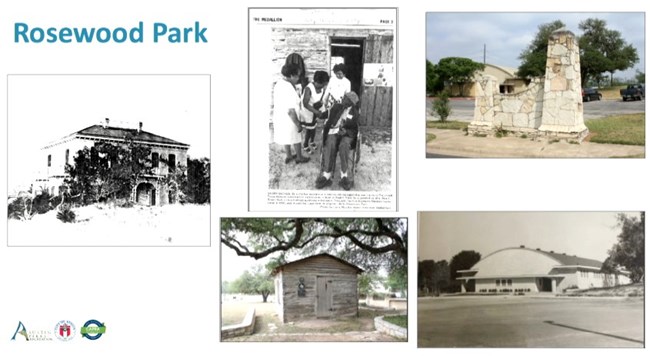 Features found in Rosewood Park, Austin, Texas Photo collage Jim Crow era: a mansion, an elderly woman, nurse, and other ladies, a stone monument, a wood cottage, and a recreation center.