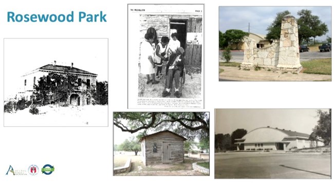 Photo collage Jim Crow era: a mansion, an elderly woman, nurse, and other ladies, a stone monument, a wood cottage, and a recreation center.