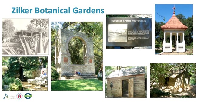 Collage of photos, left to right: cacti, dry stone stairs, masonry keyhole arch, footbridges, a timber cabin, a white gazebo with pointed roof, cabin in the woods.