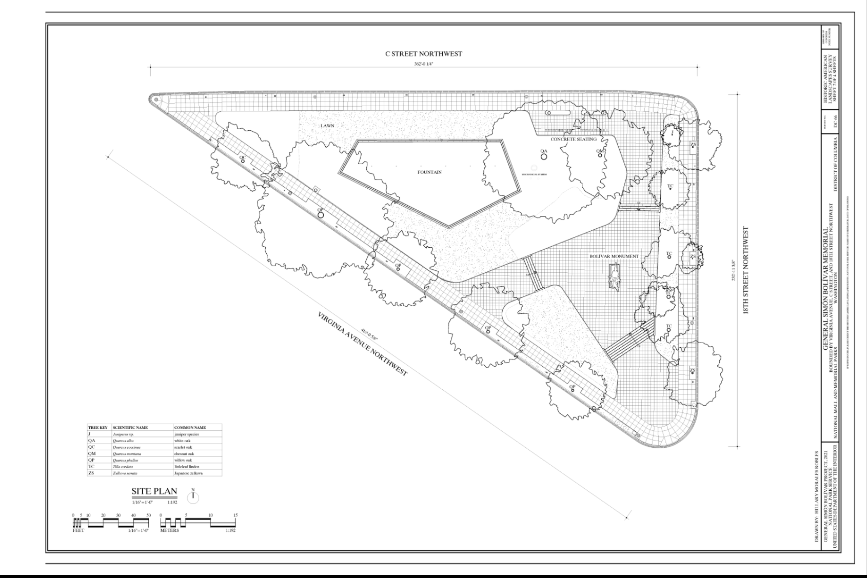 measured plan of the site and park that surrounds statue of Simon Bolivar. The drawing was created with laser scan data and shows cement and trees surrounding the park