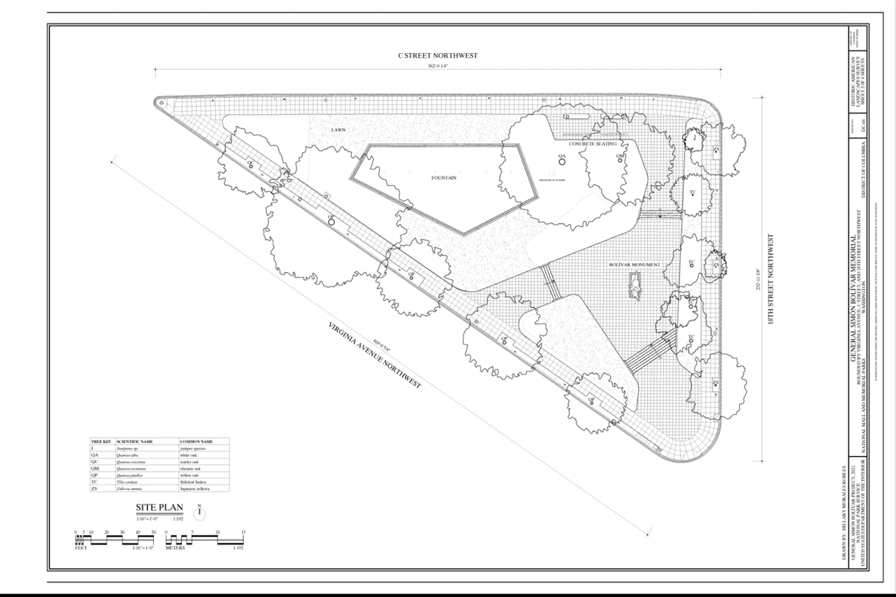 measured plan of Simon Bolivar park measured plan of the site and park that surrounds statue of Simon Bolivar. The drawing was created with laser scan data and shows cement and trees surrounding the park