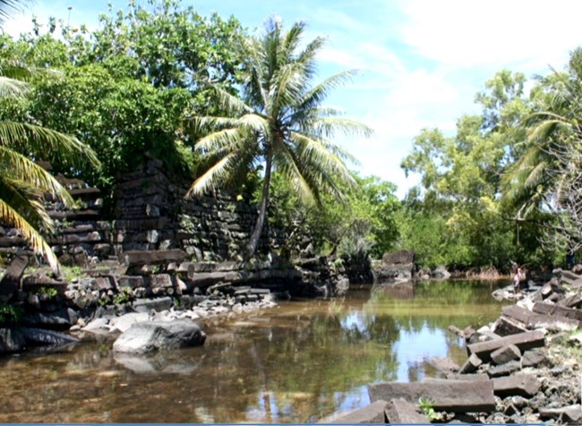 Dry stone walls, vegetation,palm trees, bracket the canal at Nan Madol (Douas) World Heritage Site.