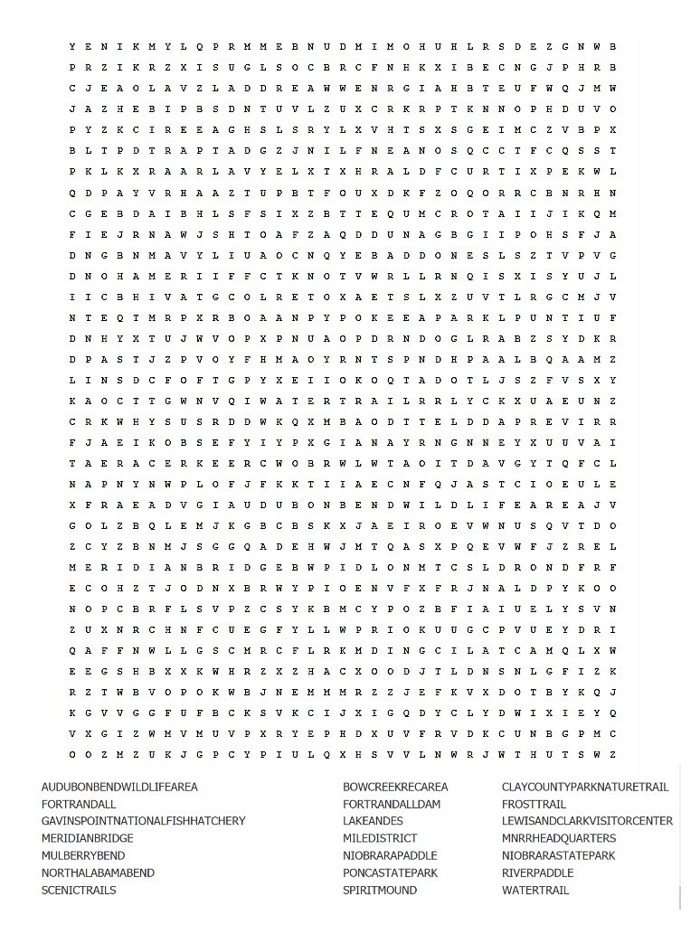 Word search of destinations within the Missouri National Recreational River boundaries