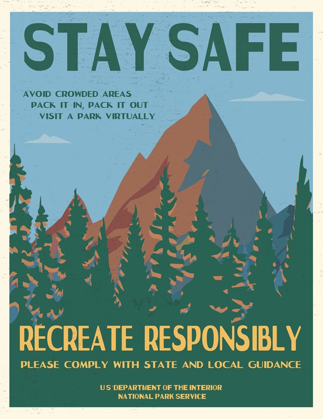 Poster with mountains and trees and "Stay Safe" message