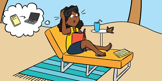monarchs 2_web A cartoon of a woman on a lounge chair with a butterfly.