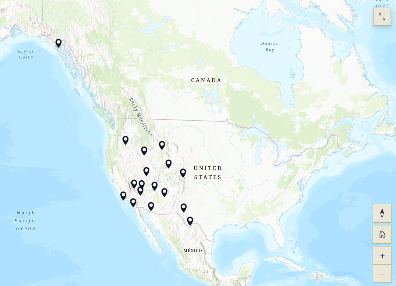 A map with seventeen points identified in the western United States, from southeast Alaska to southwest Texas.