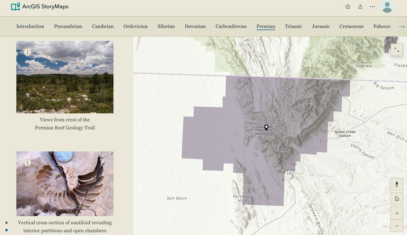A website screenshot with photos of a landscape and a coiled chambered fossil on the left and a map of Guadalupe Mountains National Park on the right.