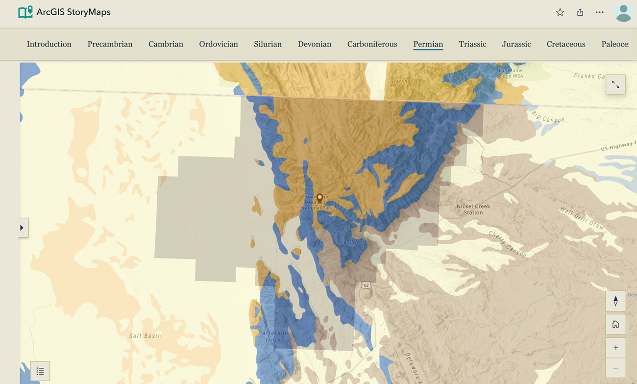 A website screenshot of a map of Guadalupe Mountains National Park superimposed on a geologic map with various colors representing different geologic units.