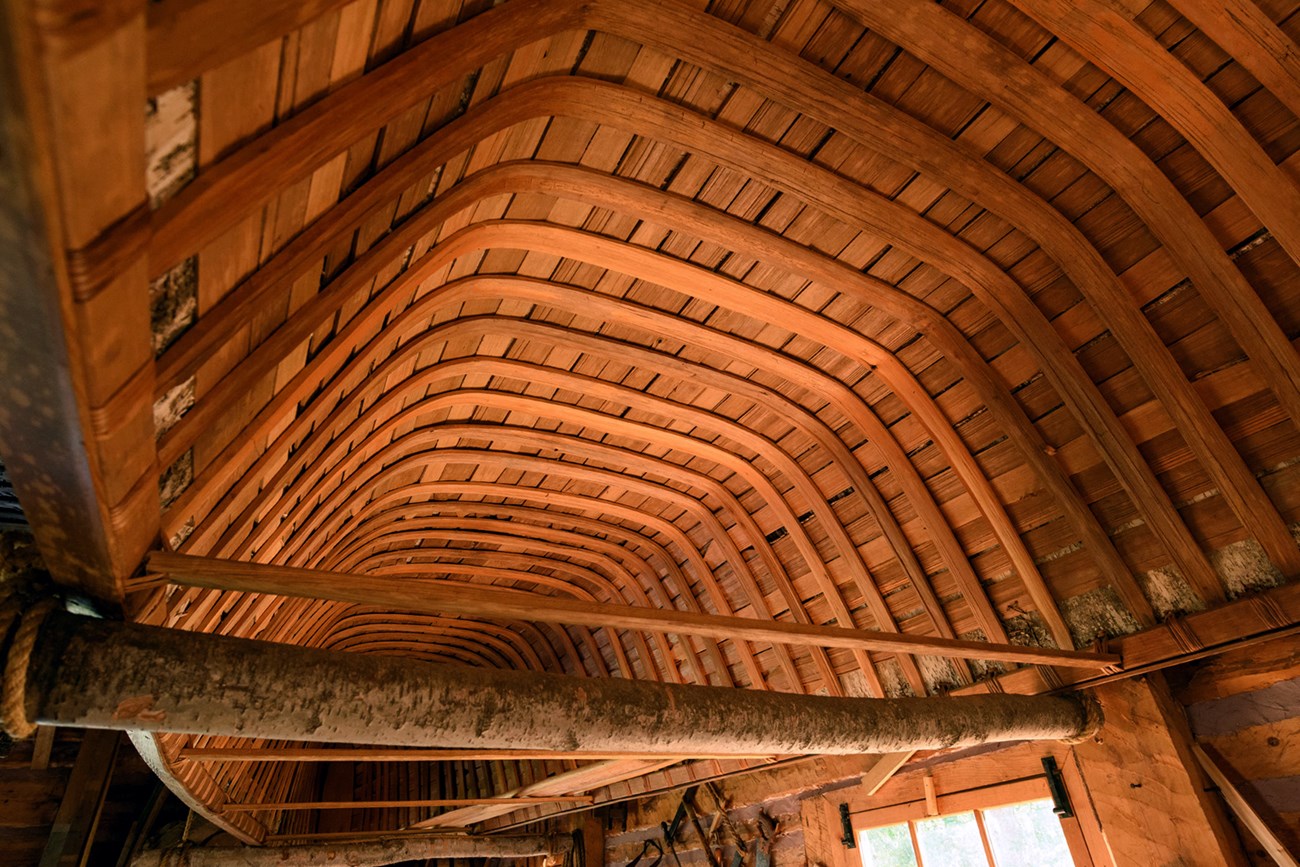 The inside of a canoe - bent slats and pieces of wood.