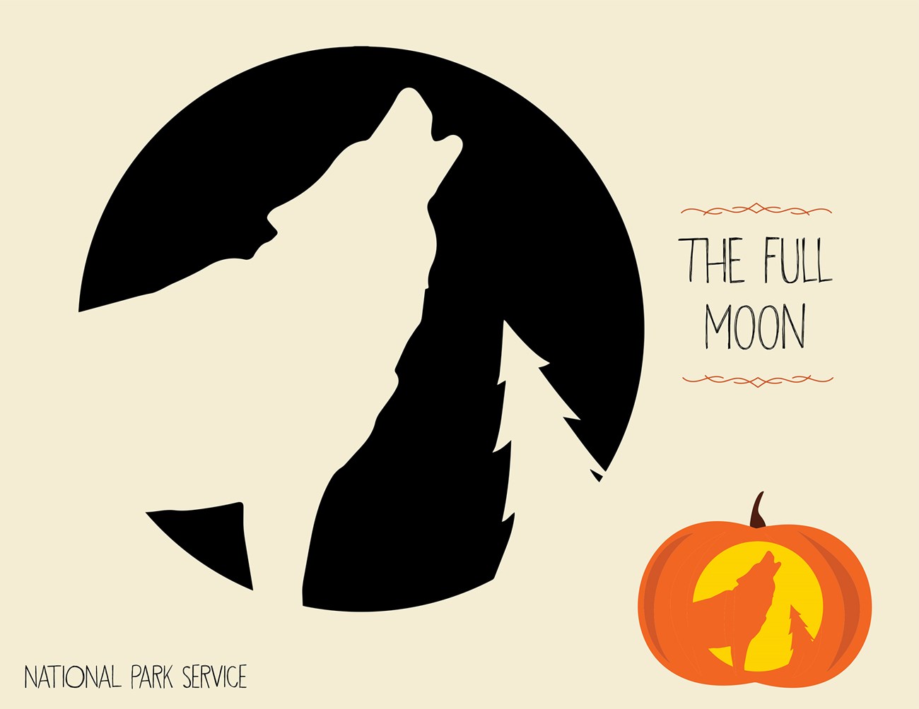 Graphic for pumpkin carving project with a stencil of a coyote howling and tree silhouette against the moon with an example of it used on a jack o' lantern. Text reads "The Full Moon. National Park Service."