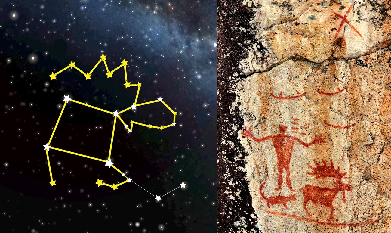 A constellation and reddish drawings of a man, moose, and panther on a rock surface