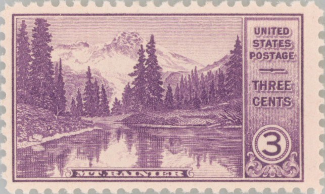 Purple 3-cent stamp with image of Mount Rainier