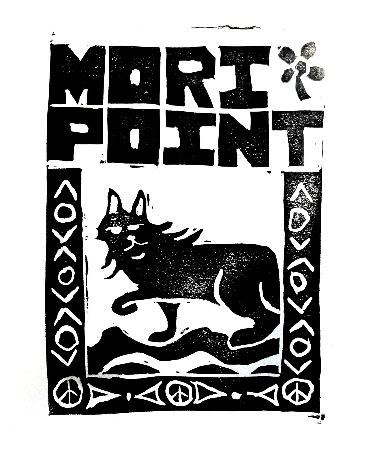 Mori Point print Scanned print featuring "Mori Point" across the top in stylized, blocky lettering, with a flower shape between the two words. Below is the shape of a big cat walking, turning to look, inside a black frame patterned with lines and circles.