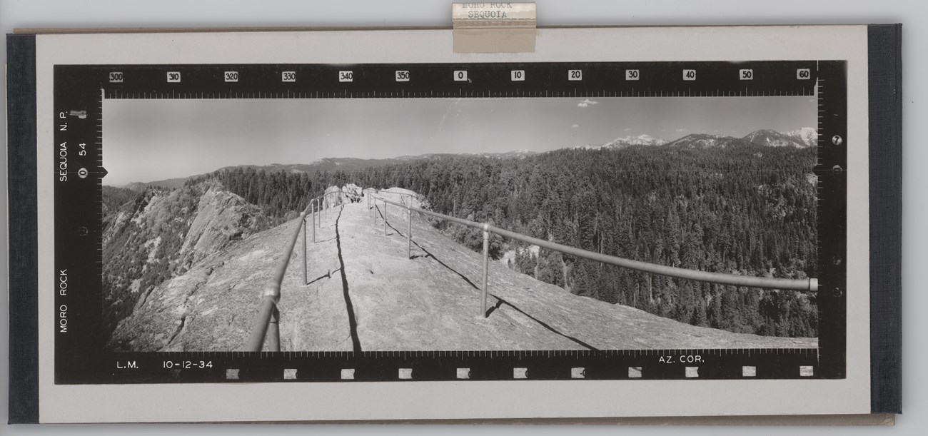 Moro Rock, Sequoia National Park Panoramic photo on top of moro rock with railings and trees in the background
