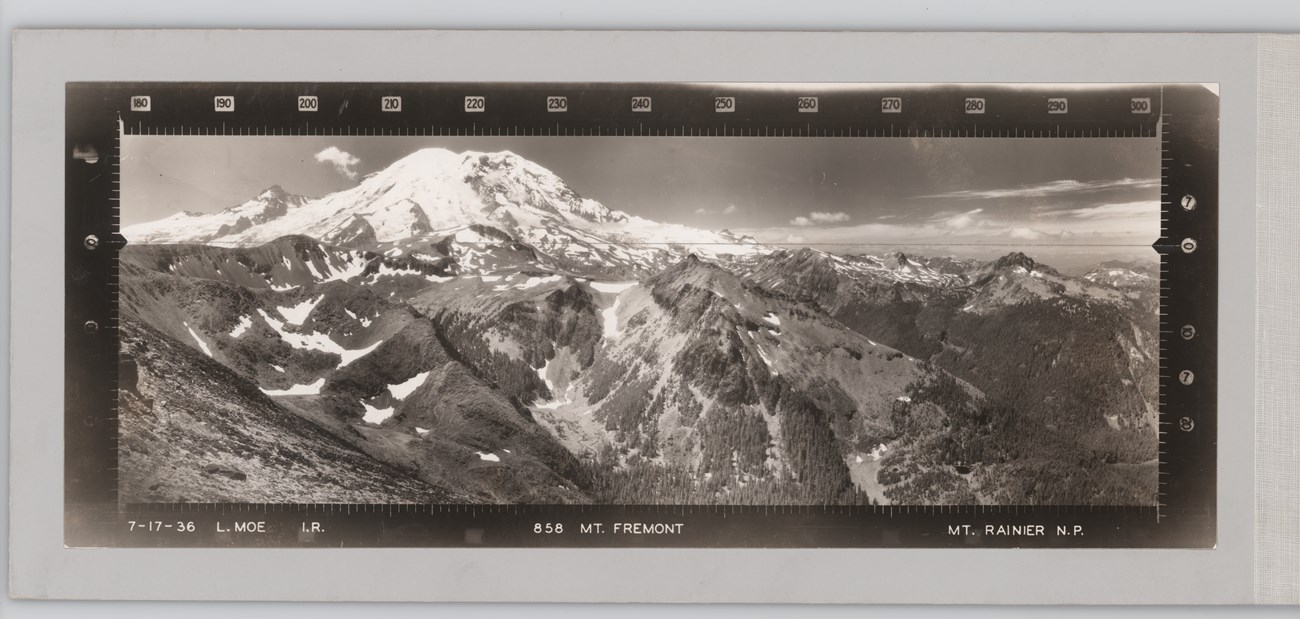 Mount Fremont, Mount Rainier Panoramic photo of a snow capped mountain range