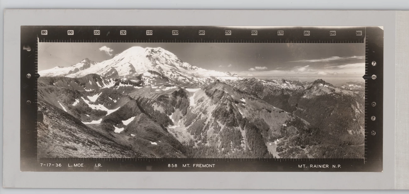 Mount Fremont, Mount Rainier Panoramic photo of a snow capped mountain range
