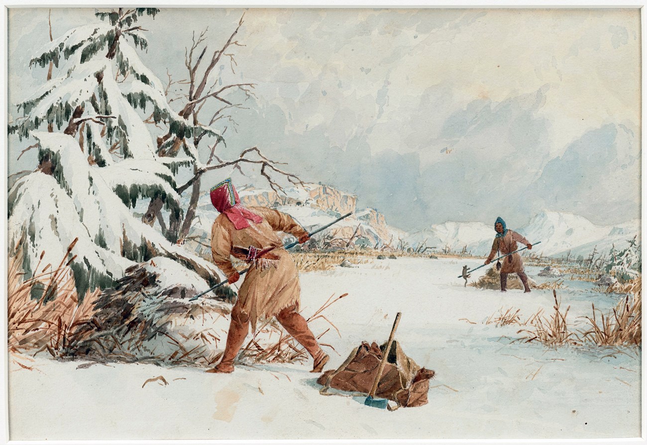 Painting of two people with spears, hunting muskrats.