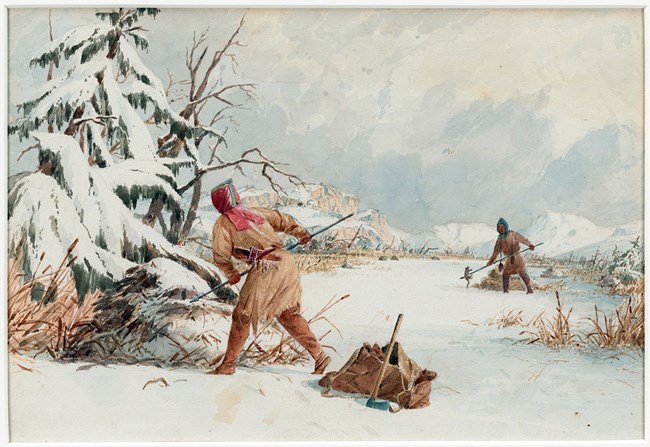 Painting of two people with spears, hunting muskrats.