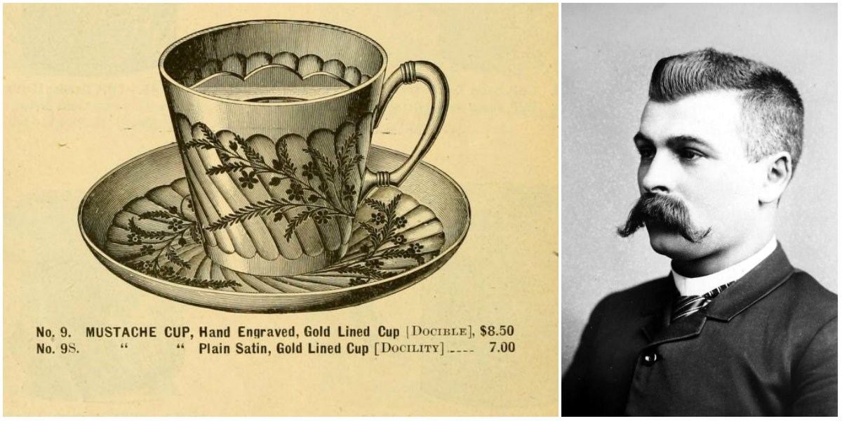 An old catalogue diagram of a tea cup with stache guard. Next to it is an old photo of a man with a well trimmed, epic handlebar mustache.