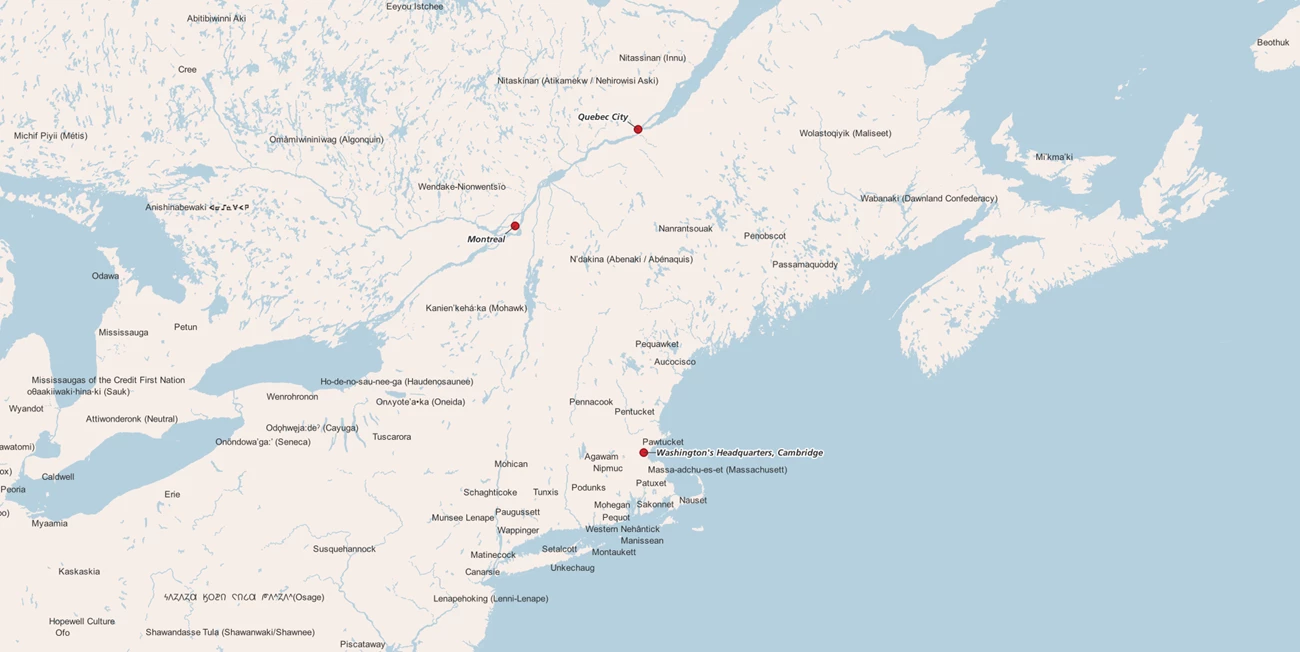 Native Land Digital Map showing land and water of the northeast United States and eastern Canada with Native nations labeled and red dots marking Montreal, Quebec City, and Washington's Headquarters in Cambridge